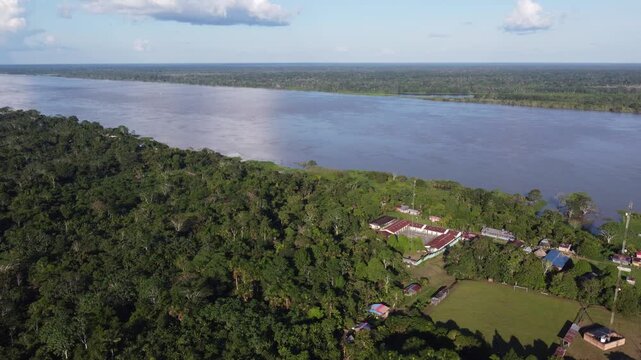 Santa clara de ojeal aerial view of amazon river and rainforest in peru