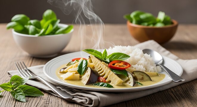 Fresh Thai green curry with rice and vegetables served on wooden table in natural light