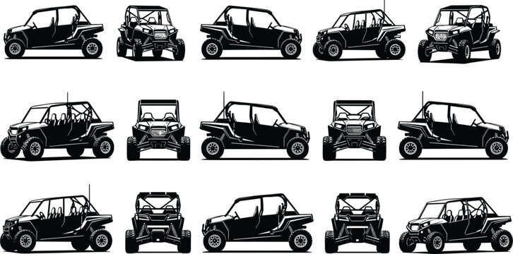 Off-road utility terrain vehicle silhouette icon set with rugged UTV designs, vector artwork for adventure, motorsport, and all-terrain concepts