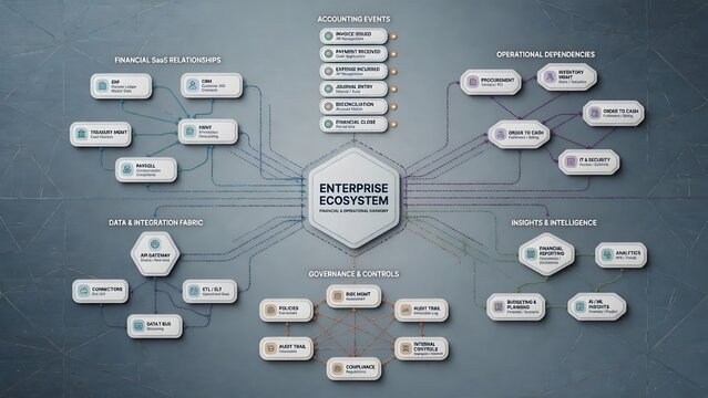 A digital enterprise ecosystem represented as a flat technical tapestry of financial SaaS relationships, accounting events and operational dependencies arranged into a disciplined business pattern, pr