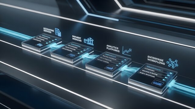 A digital enterprise ecosystem shown as a precise dockline where accounting services, payment modules and analytics platforms connect to enterprise workflows in ordered sequence, futuristic corporate 