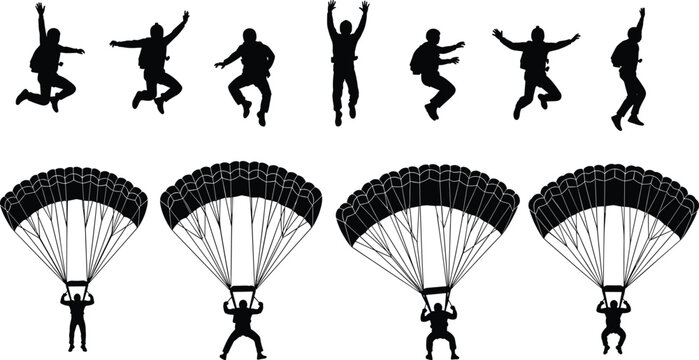 Parachutist silhouette collection, skydiver vector set with freefall and parachute stages, extreme sport graphics, aviation design elements
