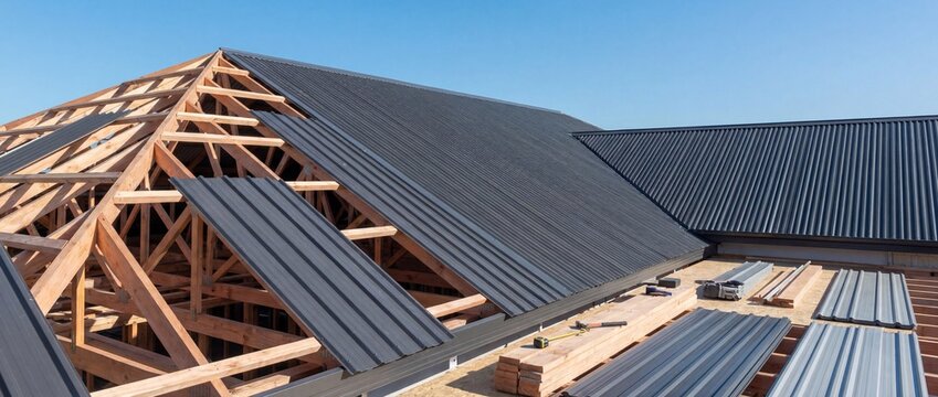 Residential House Roof Construction with Wooden Trusses and Metal Roofing Sheets Installation under Blue Sky