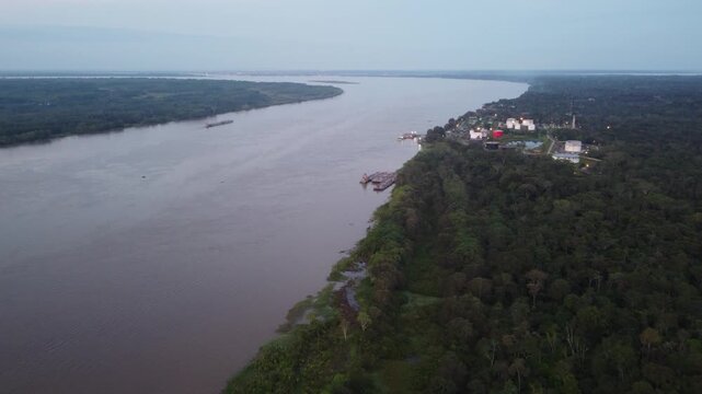 Santa clara de ojeal aerial view of the amazon river and rainforest near iquitos peru