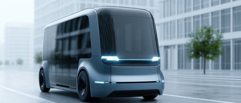 driverless shuttle bus, futuristic public transport, clean urban environment