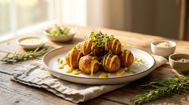 Gourmet truffle arancini with saffron aioli served on rustic wooden table in natural light