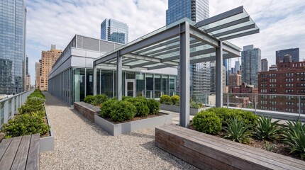 Obraz premium Modern Rooftop Terrace Featuring Lush Greenery and Urban Skyscraper Views for Relaxing Outdoor Living Spaces