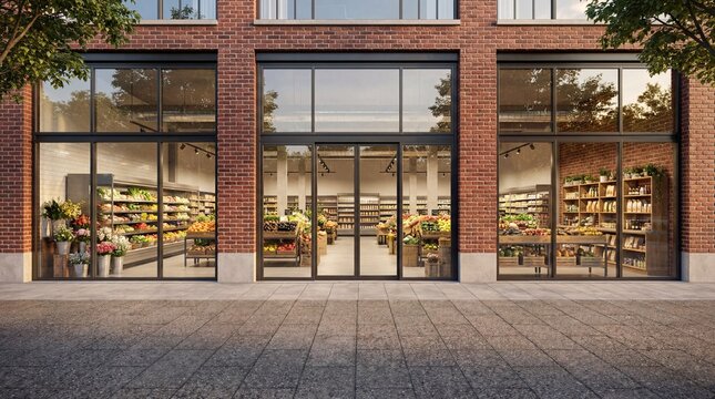 Modern Grocery Store Front with Brick Exterior and Glass Facade Displaying Fresh Organic Produce and Natural Interiors