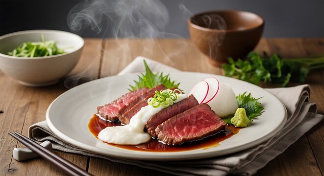 Grilled beef steak with garnish and sauce on wooden table top dining setting