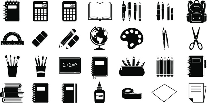 School supplies vector illustration set with education motifs, stationery silhouettes, creative figures, study icons and design art -flat vector illustration
