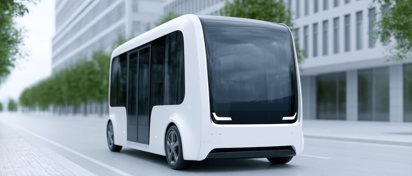 driverless shuttle bus, futuristic public transport, clean urban environment