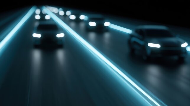 connected autonomous cars on smart highway, blue neon technology lights