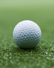 Fototapeta premium golf ball on wet grass with rain droplets, serene sports nature photography