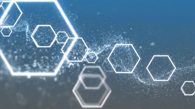 Glowing white hexagonal shapes float in a soft blue digital space