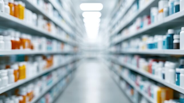 blurred pharmacy interior shelves, medicine storage background, soft focus