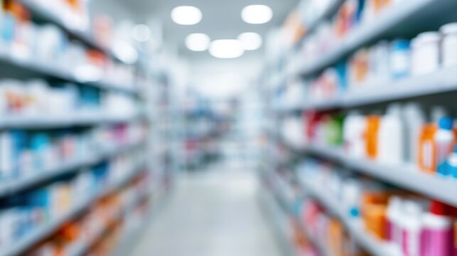 blurred pharmacy interior shelves, medicine storage background, soft focus