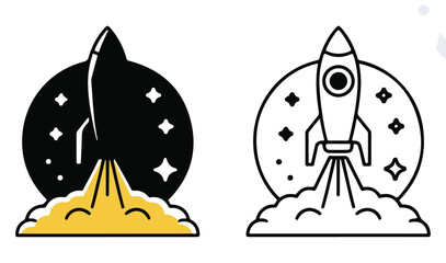 Minimalist vector graphic illustration of a rocket ship launching into space with stars and smoke on transparent background © Vector Pulse