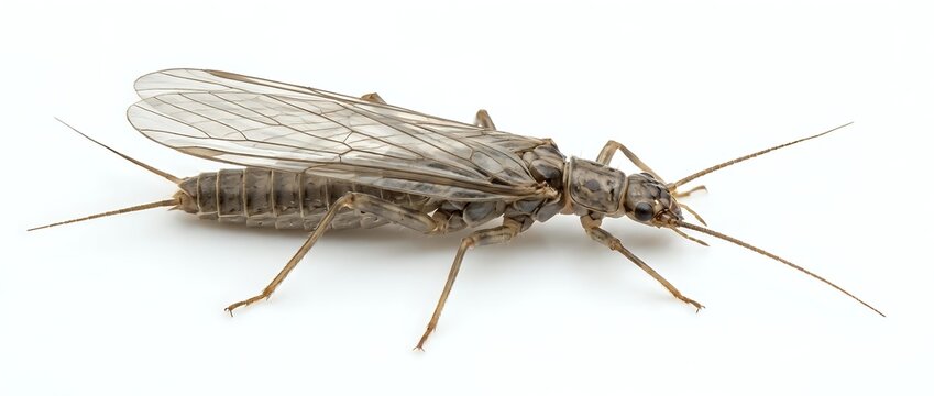 Mayfly insect isolated on white background, showing detailed wings, segmented body and long antennae for educational and scientific use.
