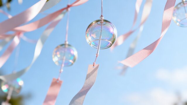Hanging glass ornaments with ribbons