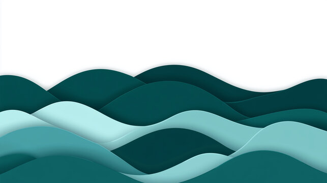 Abstract Teal Layered Hills Background with Paper Cut Waves, Minimal Nature Landscape Design