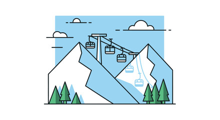 Ski lift ascending a snow-capped mountain range with pine trees. © Nabila