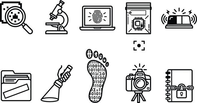 Flat icons set of forensic and digital security symbols