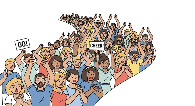 Diverse crowd of enthusiastic fans cheering and clapping at an event.
