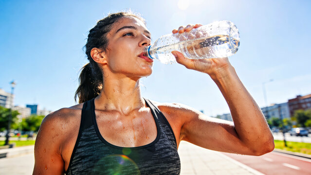 Woman Cooling Down in Hot Summer  Day, Drinking Water from Cold Bottle, Blurred City Background