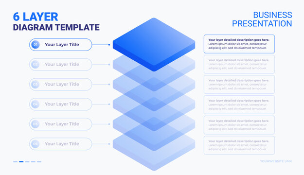 6 layer stack diagram template with space for your text - modern business technology slide infographic for corporate presentations - vector minimal design on light background