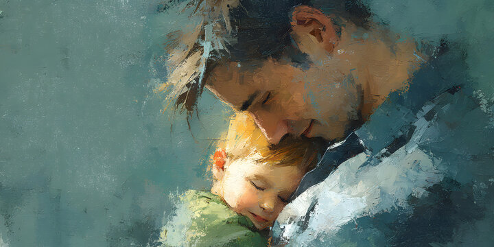 Simple illustration of a baby hugging dad in bright pastel colors, designed as a banner with space for text, Father's Day