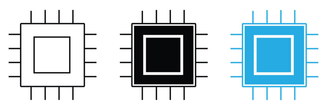 Minimalist set of digital computer processor chip vector illustration icons displayed in three different styles isolated on transparent background