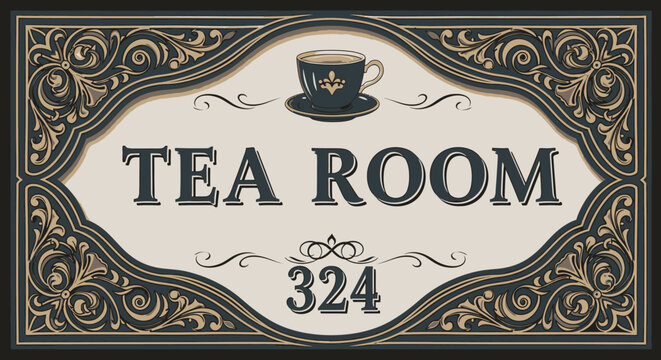 Elegant Tea Room Sign with Ornate Border and Coffee Cup Icon