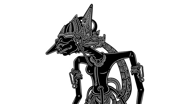 Traditional Javanese Wayang Kulit shadow puppet character in black and white.