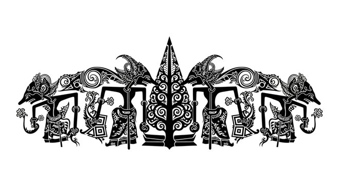 Traditional Indonesian Wayang Kulit Shadow Puppets and Tree of Life Motif.