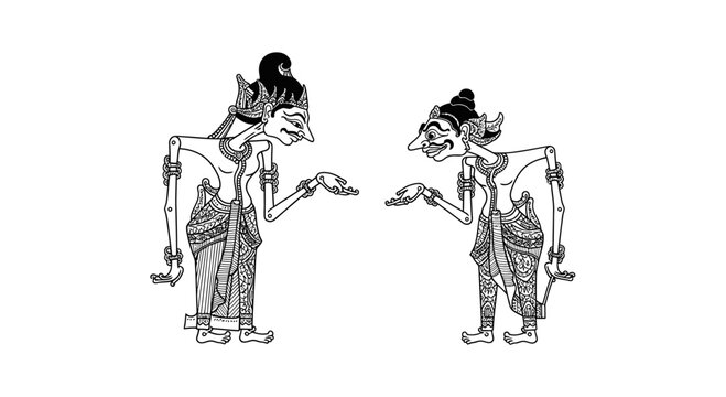 Traditional Indonesian Wayang Kulit Shadow Puppets Engaging in Conversation.