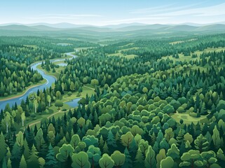 Fototapeta premium Aerial view of river flowing through expansive forest landscape with landscape