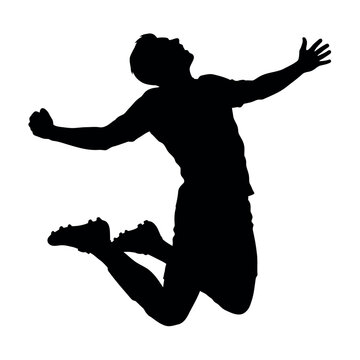 Football player jumping and spinning celebration silhouette, flat vector, white background.