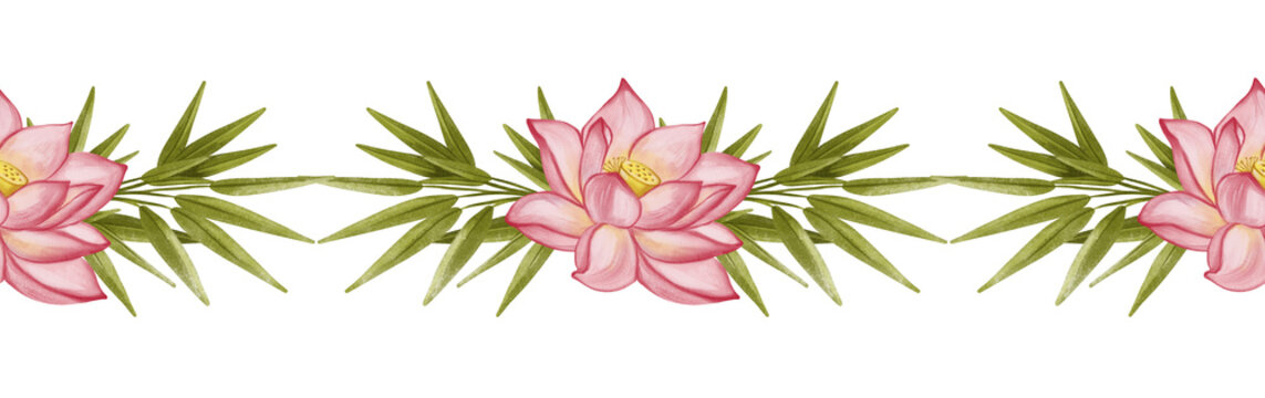 Watercolor seamless border featuring pink lotus flowers and green bamboo leaves. Isolated on white, perfect for spa salon packaging tape, wellness menu margins, and cosmetics branding designs.