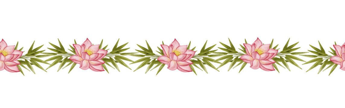Watercolor seamless border featuring pink lotus flowers and green bamboo leaves. Isolated on white, perfect for spa salon packaging tape, wellness menu margins, and cosmetics branding designs.