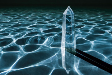 Fototapeta premium Clear Crystal Obelisk on Glowing Blue Water Caustic Surface