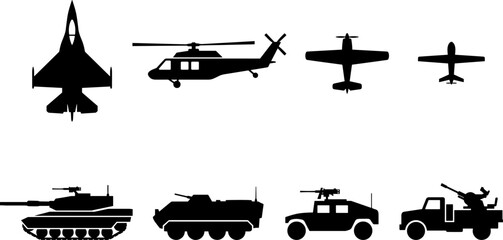 Fototapeta premium Military Vehicle and Aircraft Silhouette Collection Featuring Tanks, Helicopters, Armored Transport and Defense Aviation Equipment