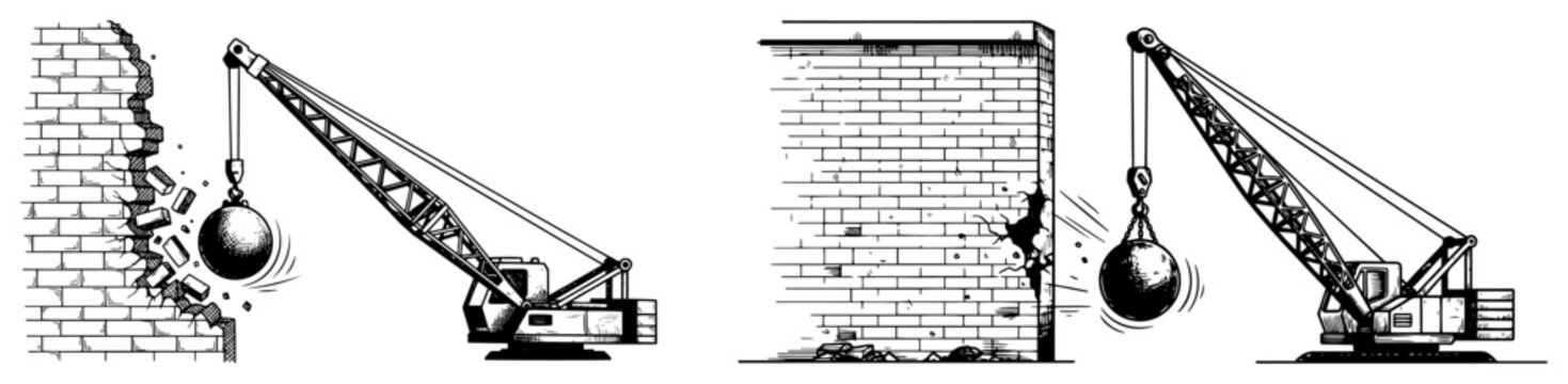 Wrecking ball crane demolishing old brick wall, vintage hand drawn engraving style vector illustration for construction and demolition industry