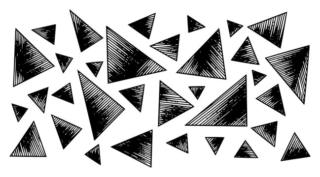 Abstract geometric triangles pattern, scattered triangle shapes composition, vintage hand drawn engraving style vector illustration
