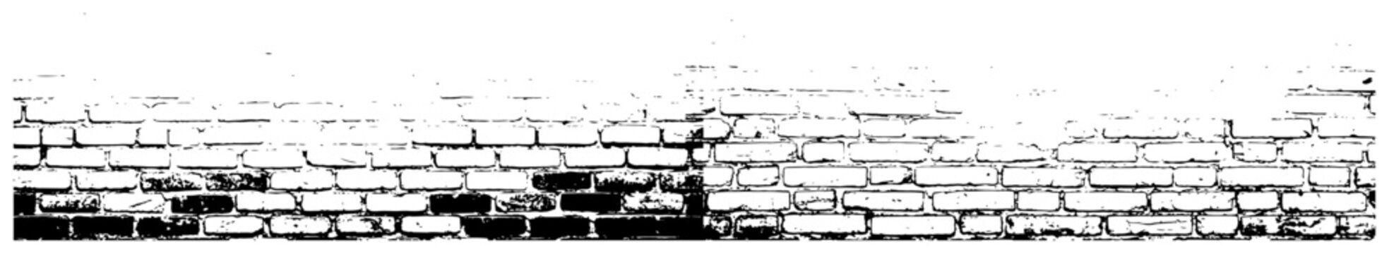 Old weathered brick wall panorama, distressed masonry horizontal banner, urban grunge brickwork, vintage engraving style vector illustration