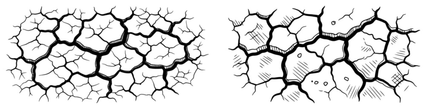 Cracked dry earth and parched ground texture, drought and climate change symbol, vintage hand drawn engraving style vector illustration
