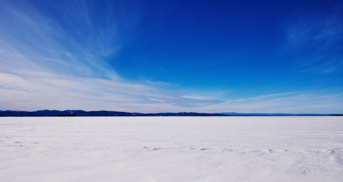 Lake Champlain frozen over and covered in snow, Burlington, Vermont, United States 