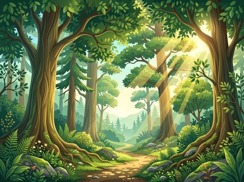 Sunlight filtering through ancient trees along a forest path with sunlight