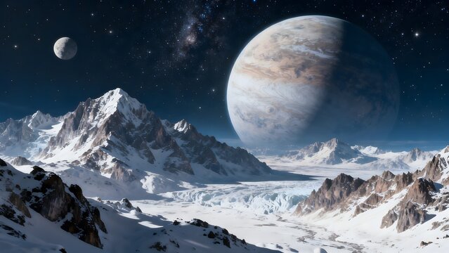 Snowy mountains under giant planet
