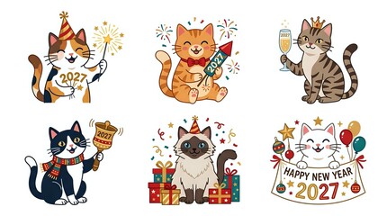 Fototapeta premium Cute Cartoon Cats New Year 2027 Celebration Clipart with Champagne Fireworks and Party