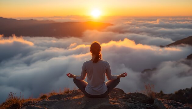 Serene Young Woman Practicing Yoga Meditation on a High Mountain Peak Above a Sea of Clouds at Golden Sunset